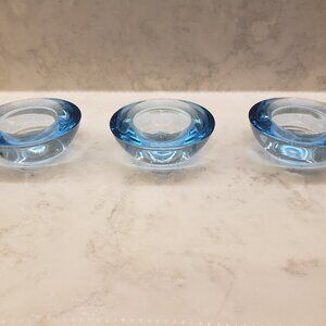 3 Blue Glass Tea Light Candle Holders